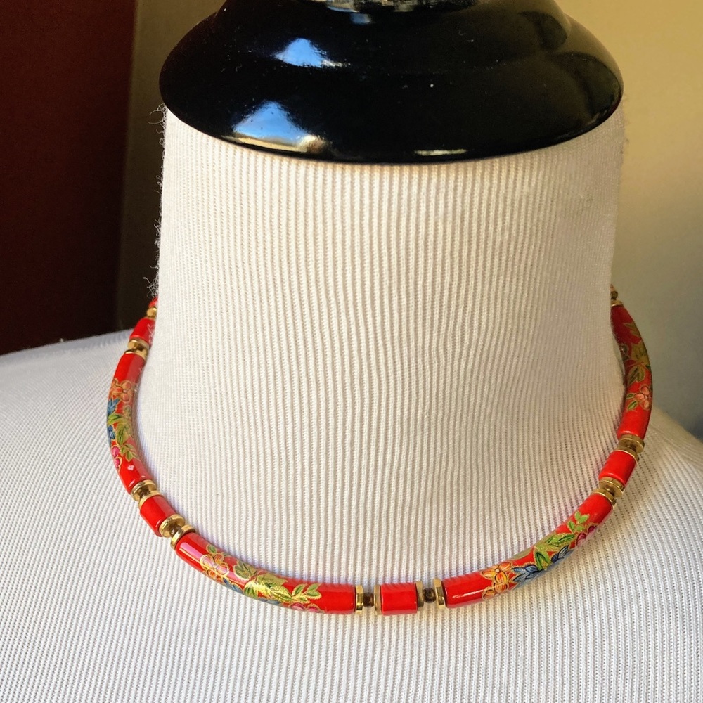 Vintage Red Enamel Floral Choker Necklace Made in Japan